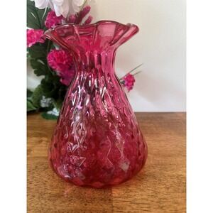 Vintage Cranberry Glass Vase Ruffled Edge Diamond Optic Mid Century Art‎ Glass